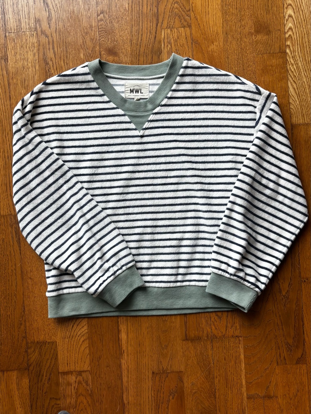 Madewell Womens Crew Neck Striped Terry Sweatshirt in White, Black & Sage
